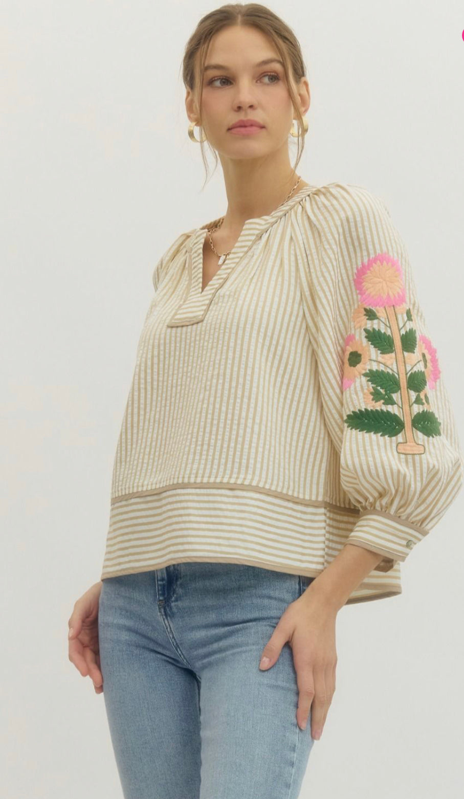 Tan Stripe Flower Top
