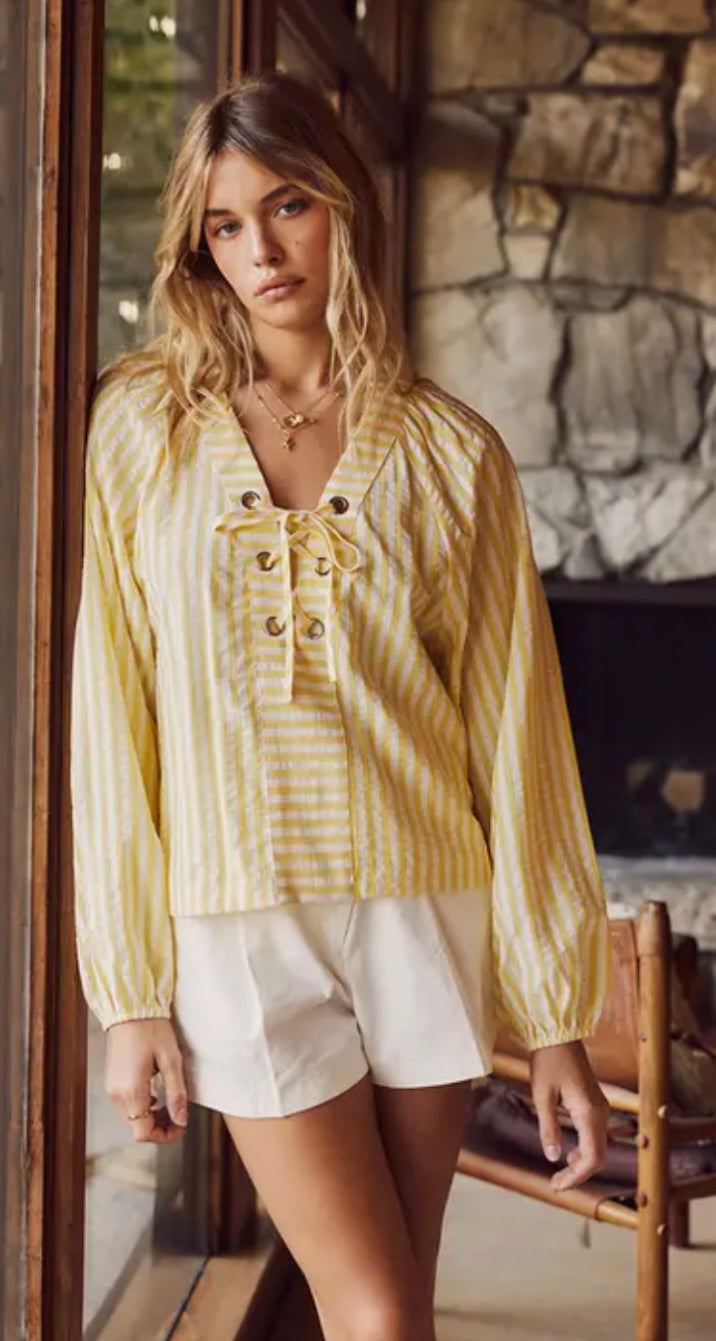 Yellow Stripe Tie Front Top
