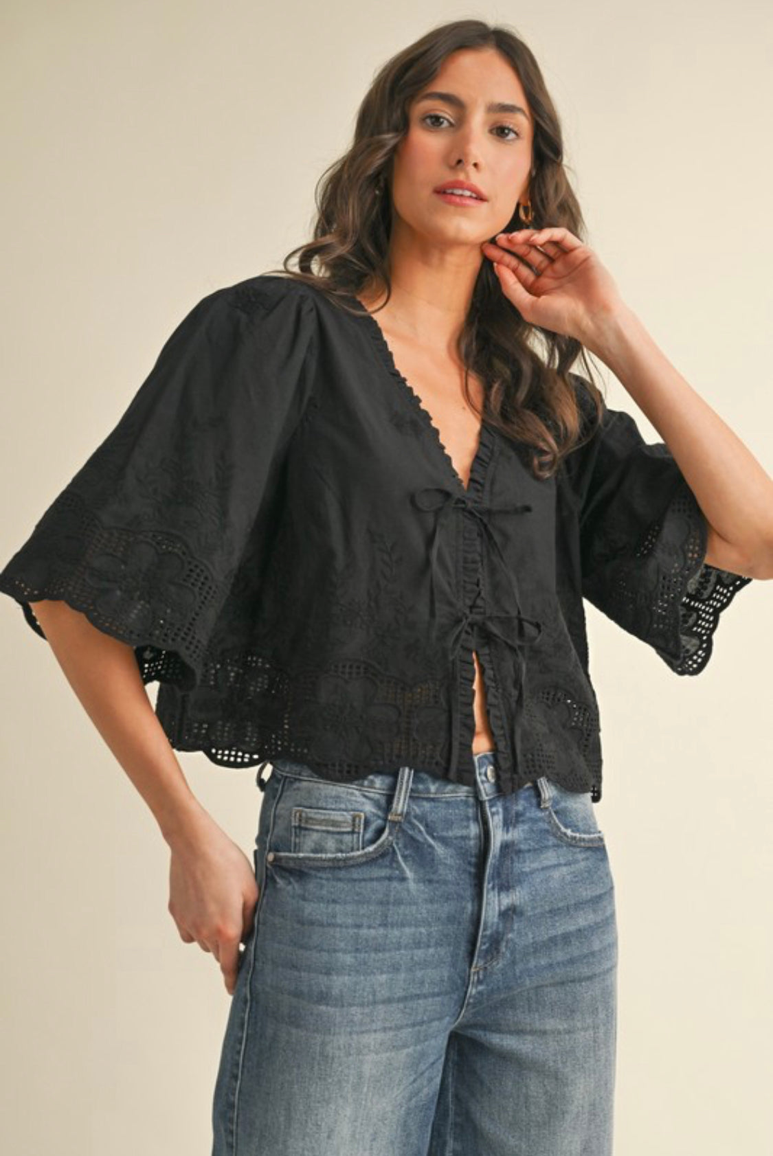 Black Floral Tie Front Blouse