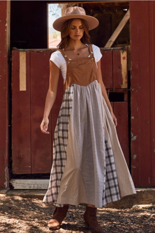 Camel Plaid Mix Pattern Dress