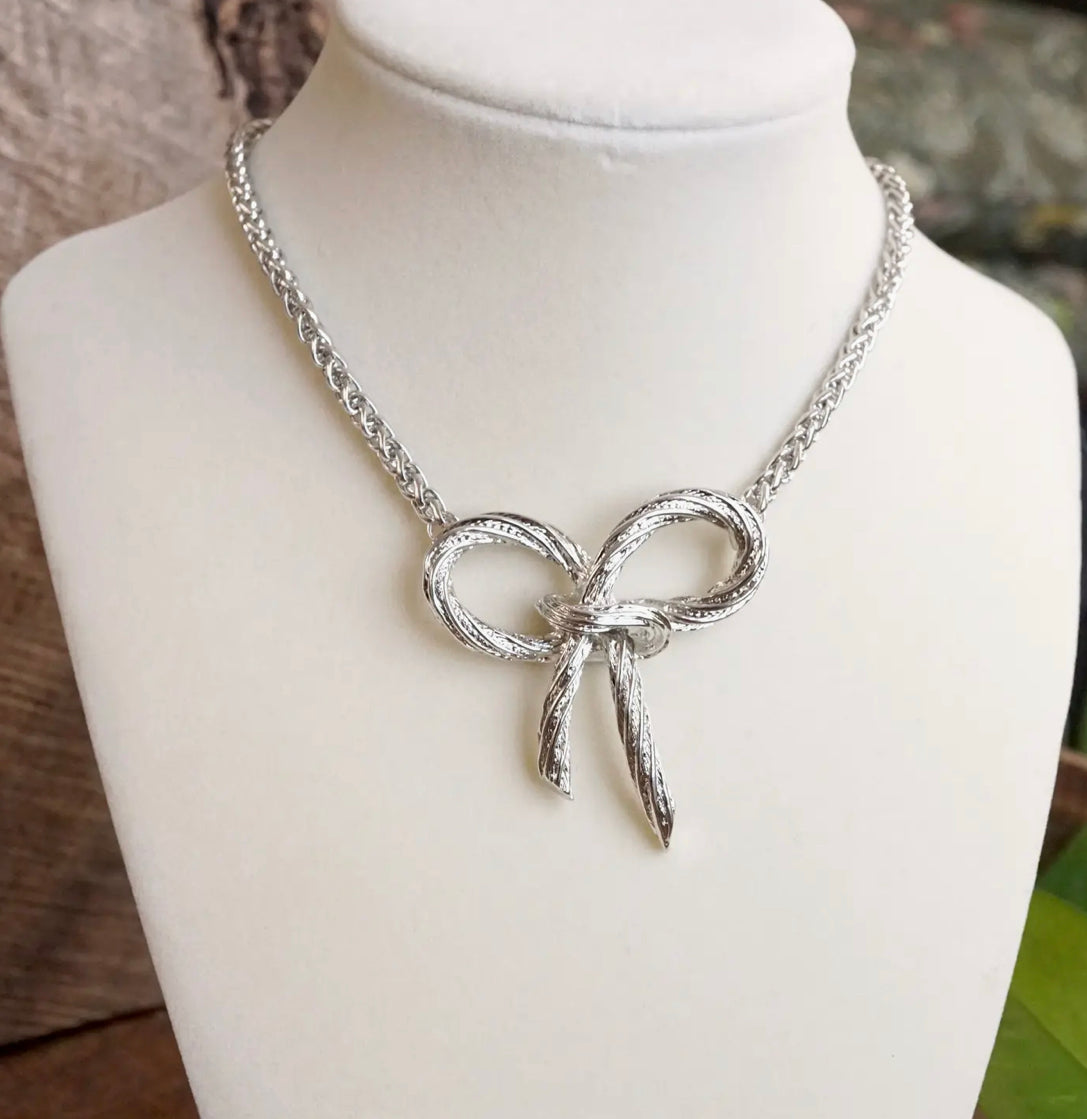 Silver Heart Bow Necklace