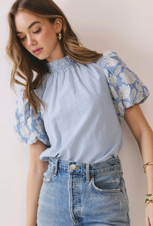 Light Blue Stripe Floral Top