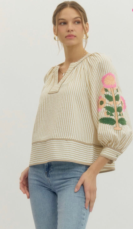Tan Stripe Flower Top