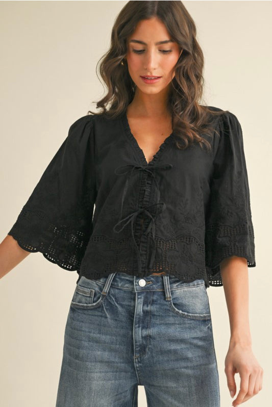 Black Floral Tie Front Blouse