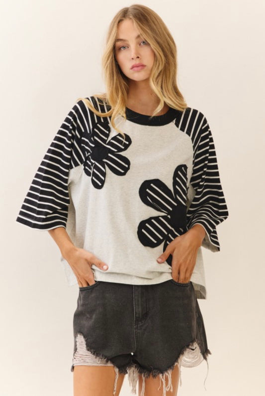 Black & White Stripe Flower Shirt