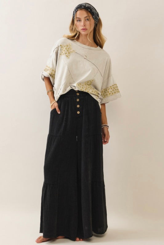 Black Washed Cotton Wide Leg Gauze Pants