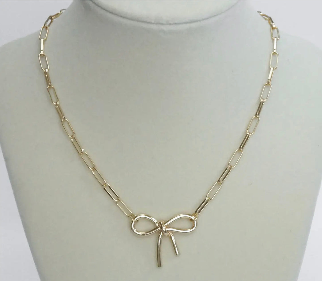 Gold Paperclip Bow Necklace