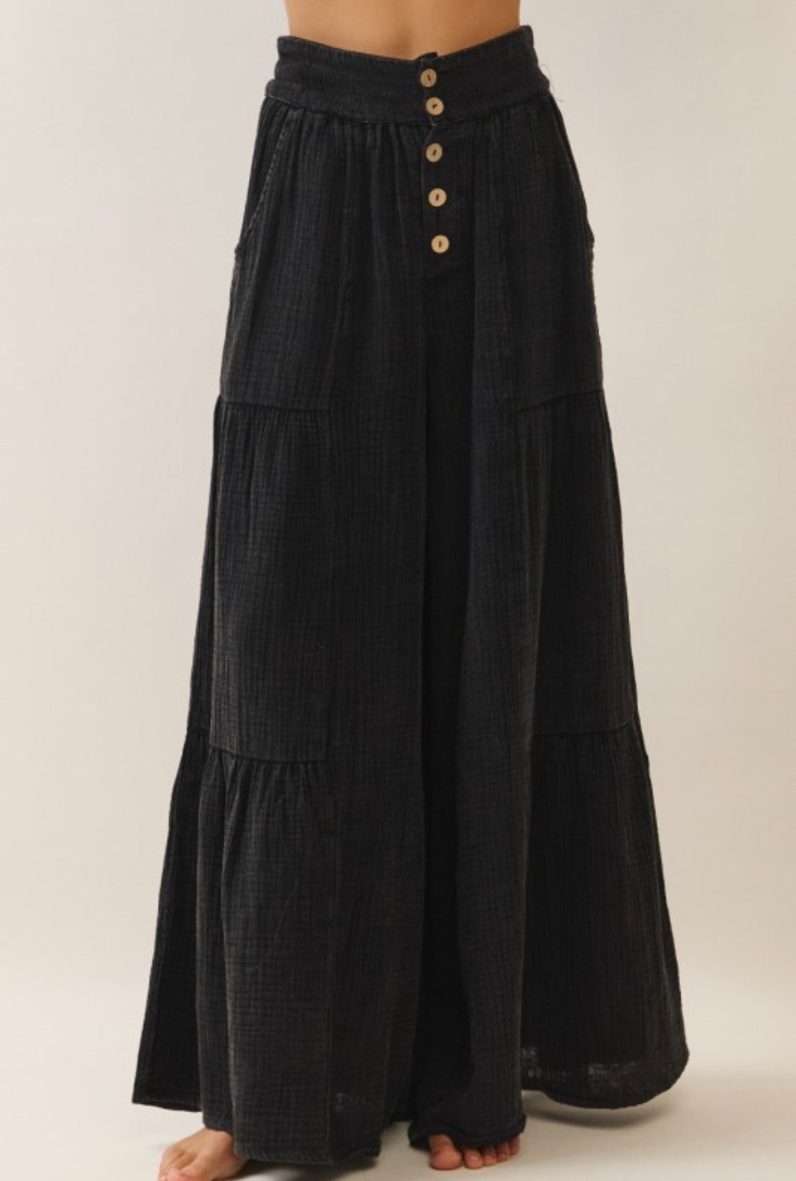 Black Washed Cotton Wide Leg Gauze Pants