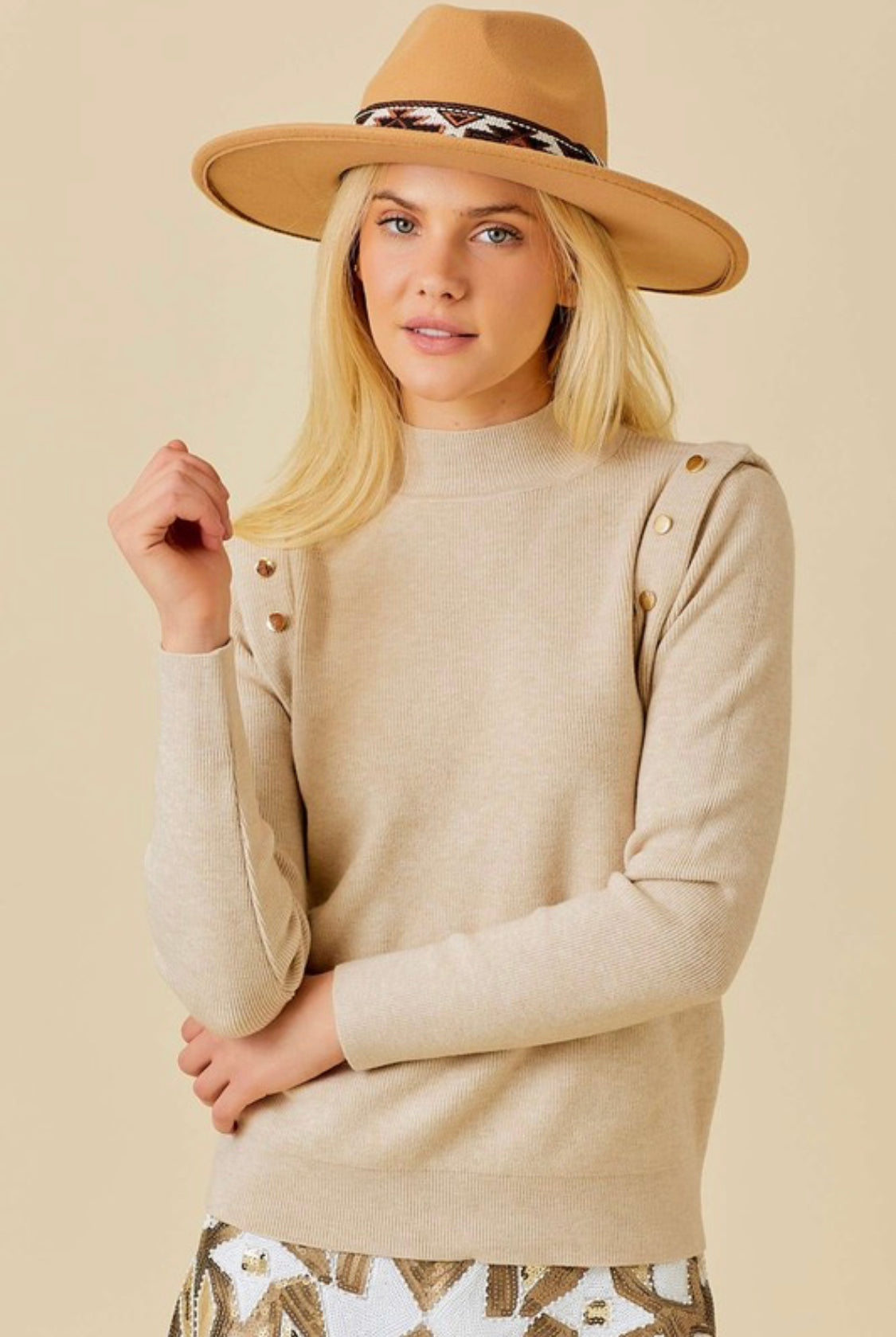 Cream Gold Button Puff Sweater