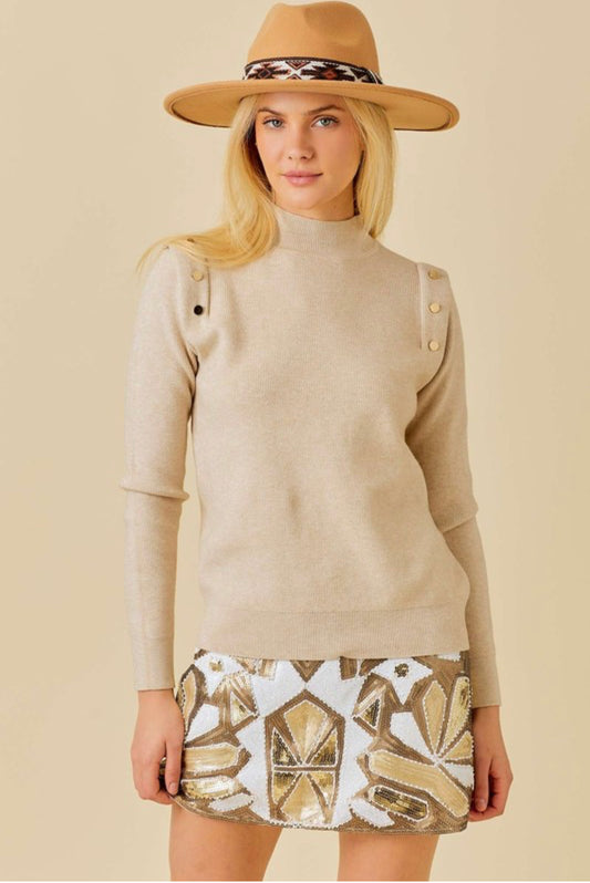 Cream Gold Button Puff Sweater