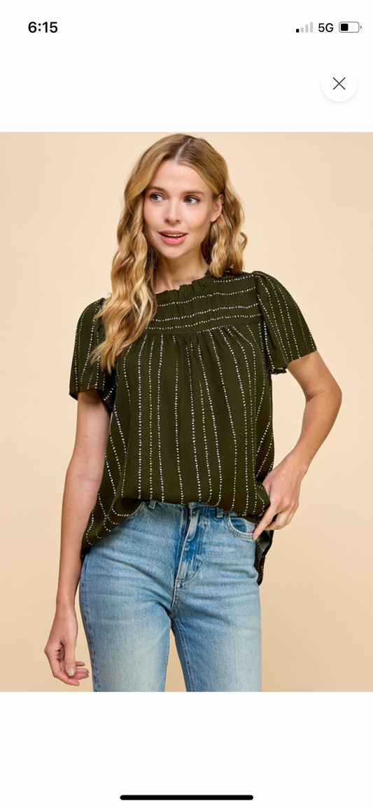 Olive Strip Ruched Neck Top